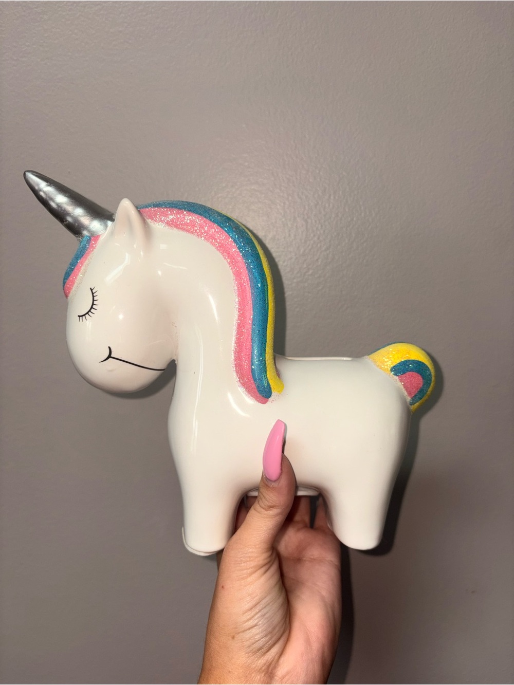 White Unicorn Ceramic Coin Bank with Pink, Blue & Yellow Mane